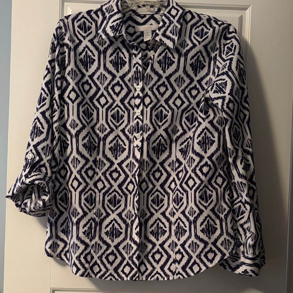Chico’s Geometric Button-Up Shirt — Navy & White